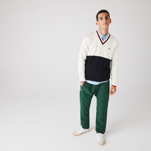 Lacoste Made in France Two-Tone Wool V-Neck Sweater - Svetr Pánské Tmavě Blankyt Blankyt / Bílé / Tm